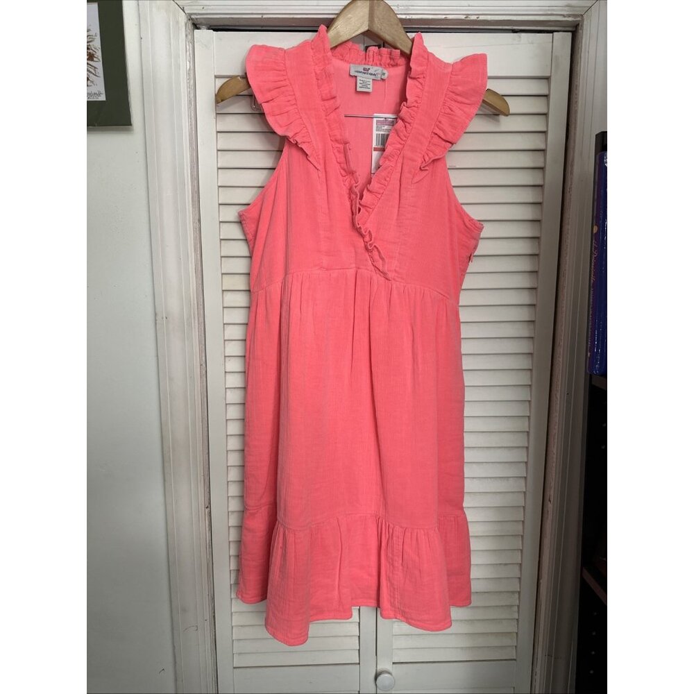 Vineyard Vines Double Gauze Tier Ruffle Dress Washed Neon Pink Size XS